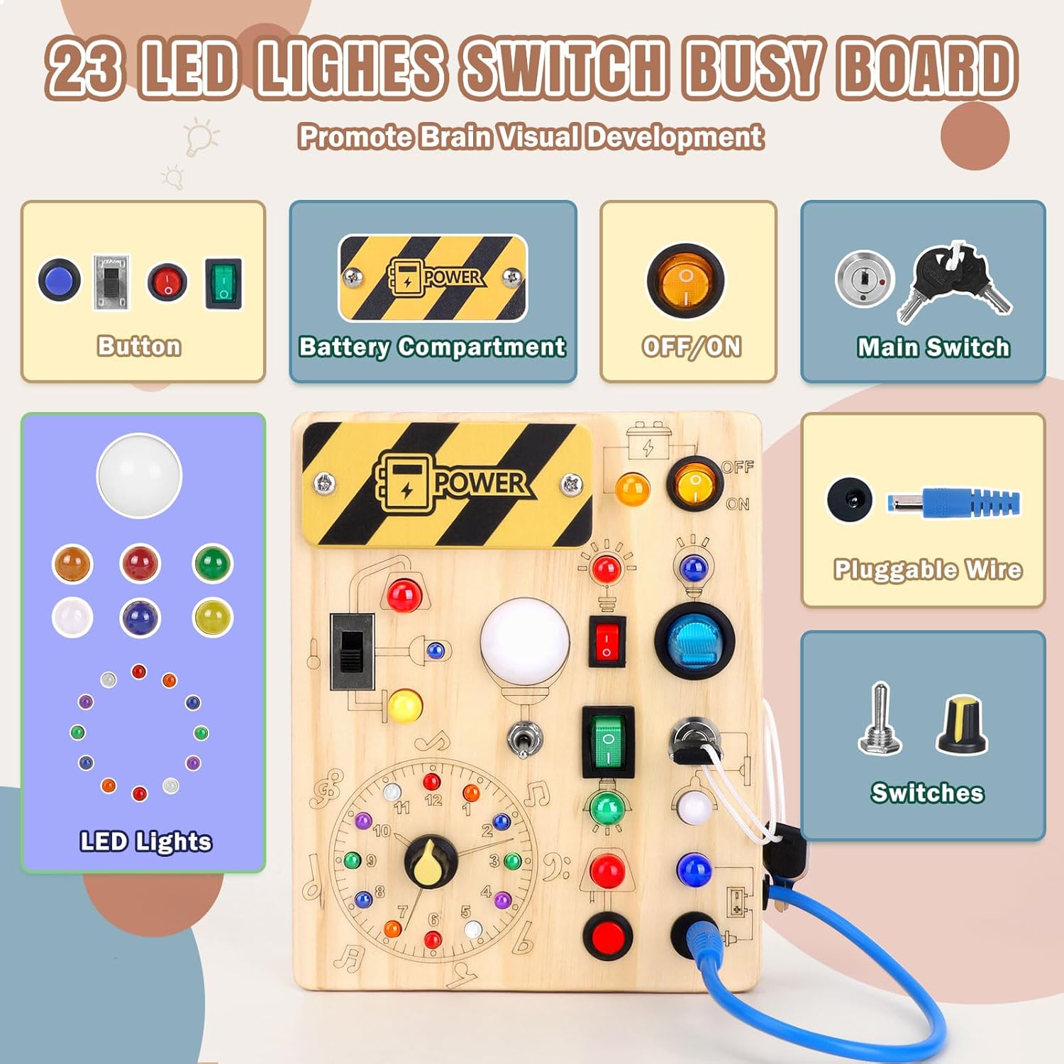 Detalle 2 de Busy Board Montessori Holz – 10 Schalter, 23 LEDs, ab 1 Jahr