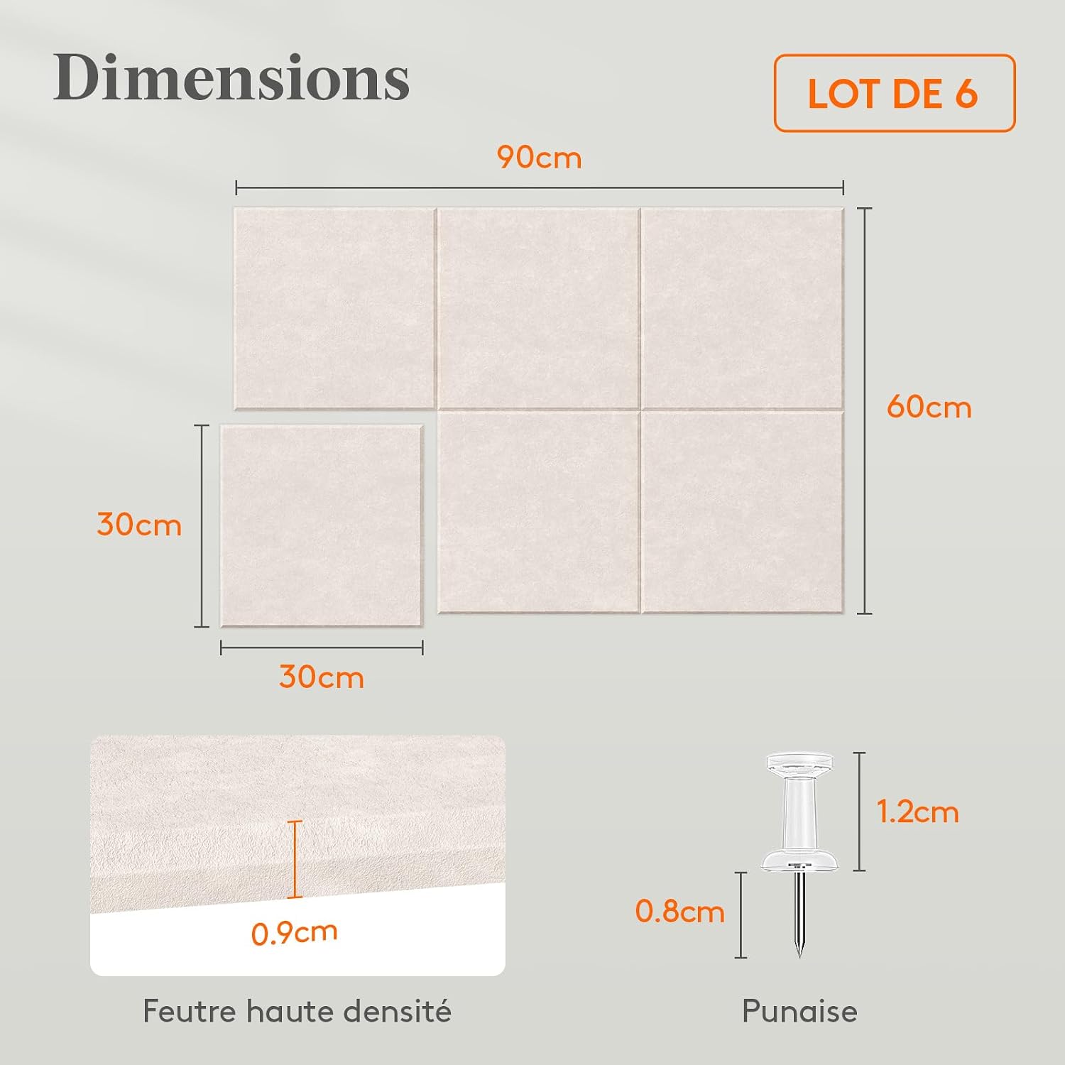 Detalle 2 de Lifewit Tableau en feutre adhésif décoratif — lot de 6 dalles 30x30 cm (Beige Avòine) avec 30 punaises