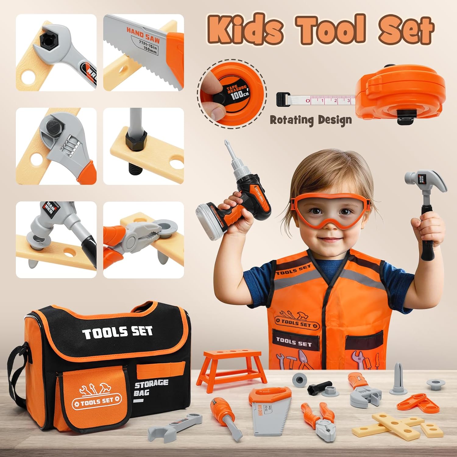 Thumbnail 5 de Vanplay 43-Piece Kids Tool Set with Electric Drill, Tool Bag and Vest – Pretend Play for 3+