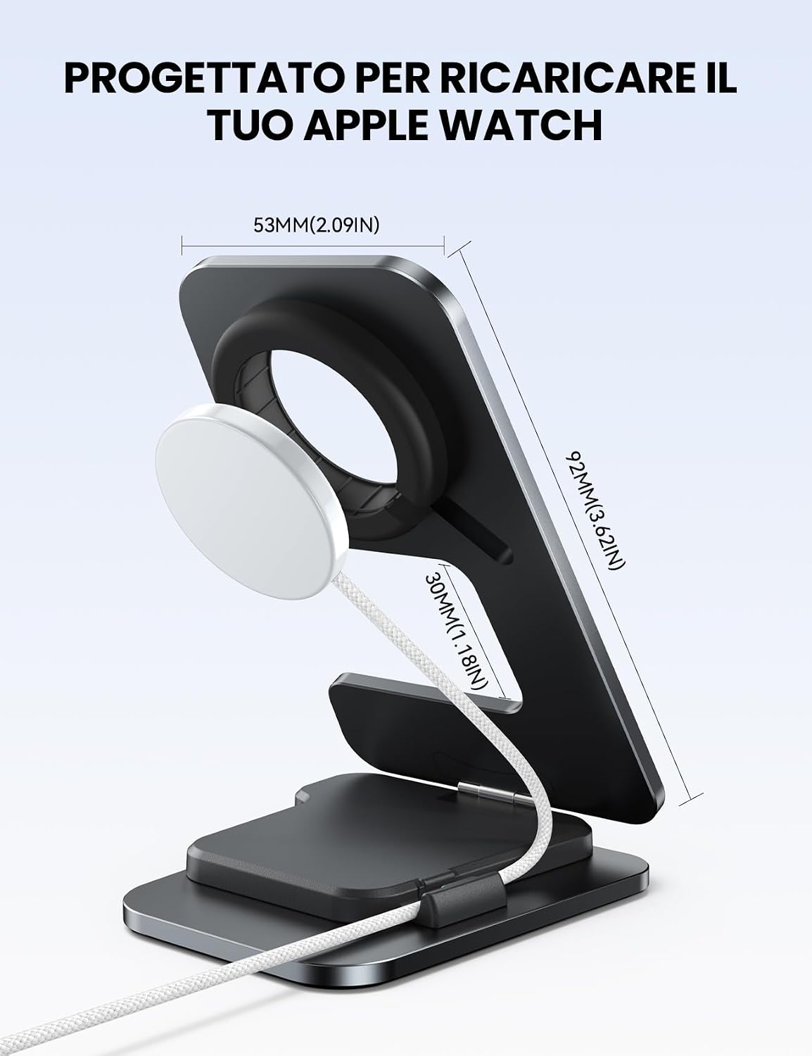 Detalle de JOYROOM Stazione di ricarica pieghevole per Apple Watch S11/S10/S9/S8/S7/S6/S5/SE (3/2/1) e Ultra 3/Ultra 2/Ultra 1 – Supporto nero