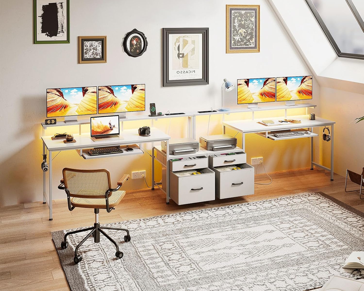Detalle 2 de Coleshome Scrivania Gaming con LED, prese e 2 cassetti, 140x48 cm, tavolo reversibile con supporto monitor e vassoio tastiera (bianco)