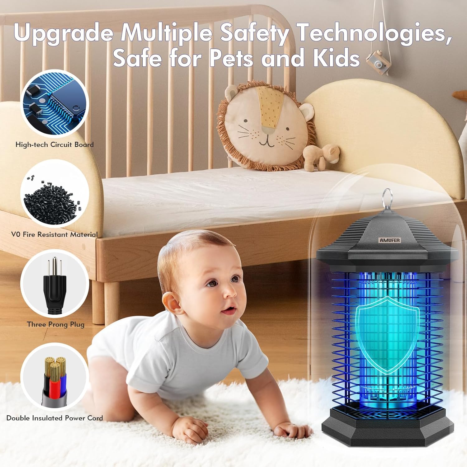 Detalle de AMUFER Bug Zapper Outdoor Indoor, 18W Power & 4400V Grid — Up to 1/2 Acre Mosquito & Insect Control