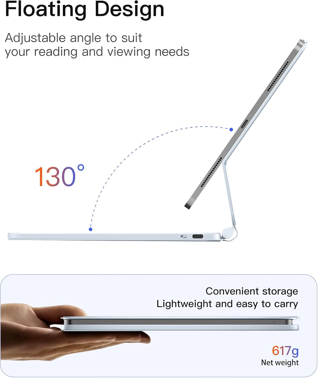 Detalle de Inateck Magnetic Keyboard Case for iPad Air 11-Inch & iPad Pro 11-Inch (Blue) with Floating Cantilever Stand, 7-Colour Backlight & Trackpad