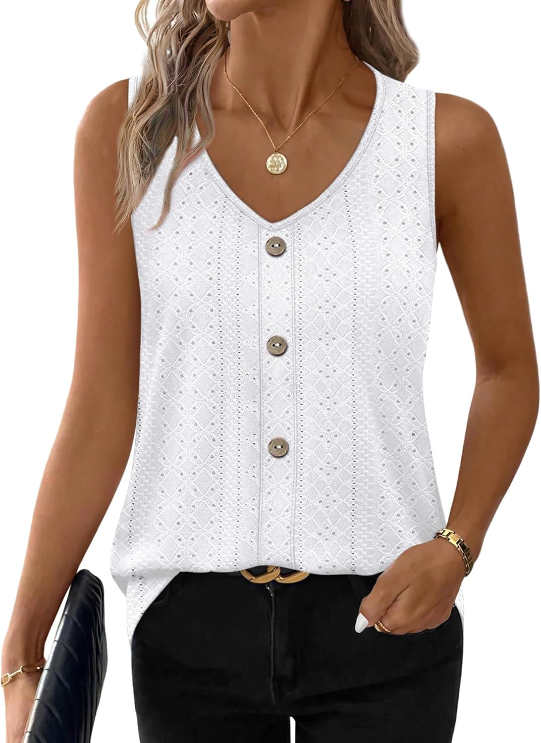 Thumbnail 1 de WIHOLL Women’s Eyelet V-Neck Loose Tank Top – Soft, Breezy Summer Essential