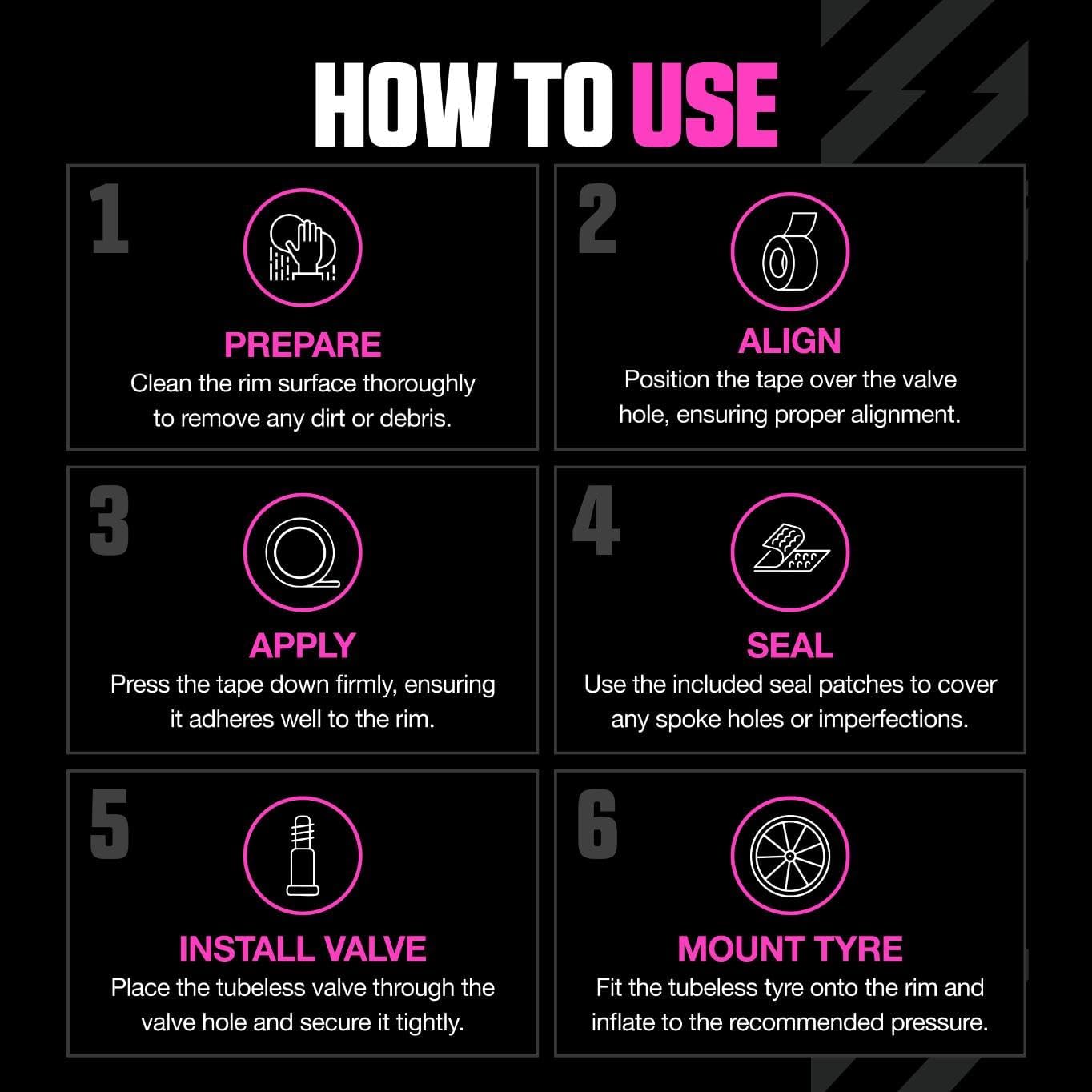 Detalle de Muc-Off Fond de Jante Tubeless 30 mm – Rouleau 10 m avec patches d’étanchéité (4) et 6 largeurs compatibles