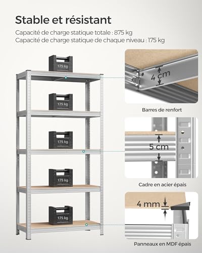 Detalle de SONGMICS Lot de 2 Étagères de Rangement à 5 Niveaux, 40 x 90 x 180 cm, Capacité 875 kg, Planches Réglables – Style Industriel, GLR040E02