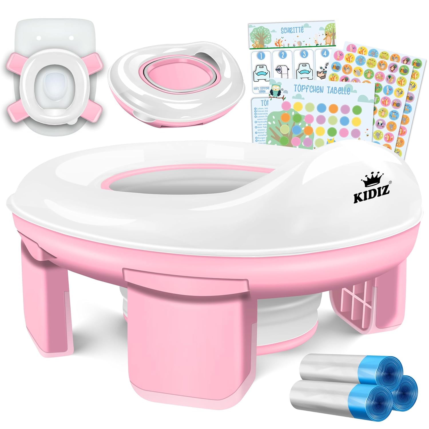 KIDIZ® Toilettensitz Kinder Töpfchen: 3-in-1 Lernhilfe für unterwegs mit Abfallsack-Option