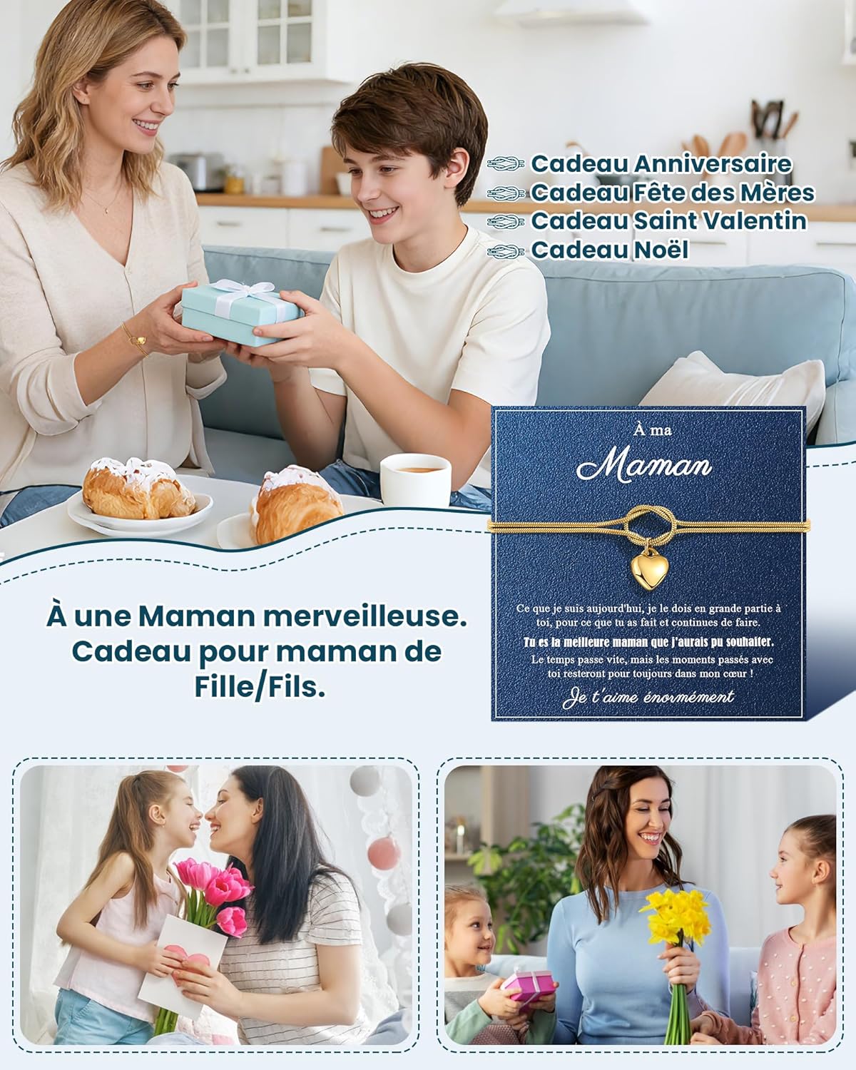 Detalle de VU100 Cadeau Femme – Bracelet Pièce Stone Inox Plaqué Or, Coeur et Infini, Longueur Réglable