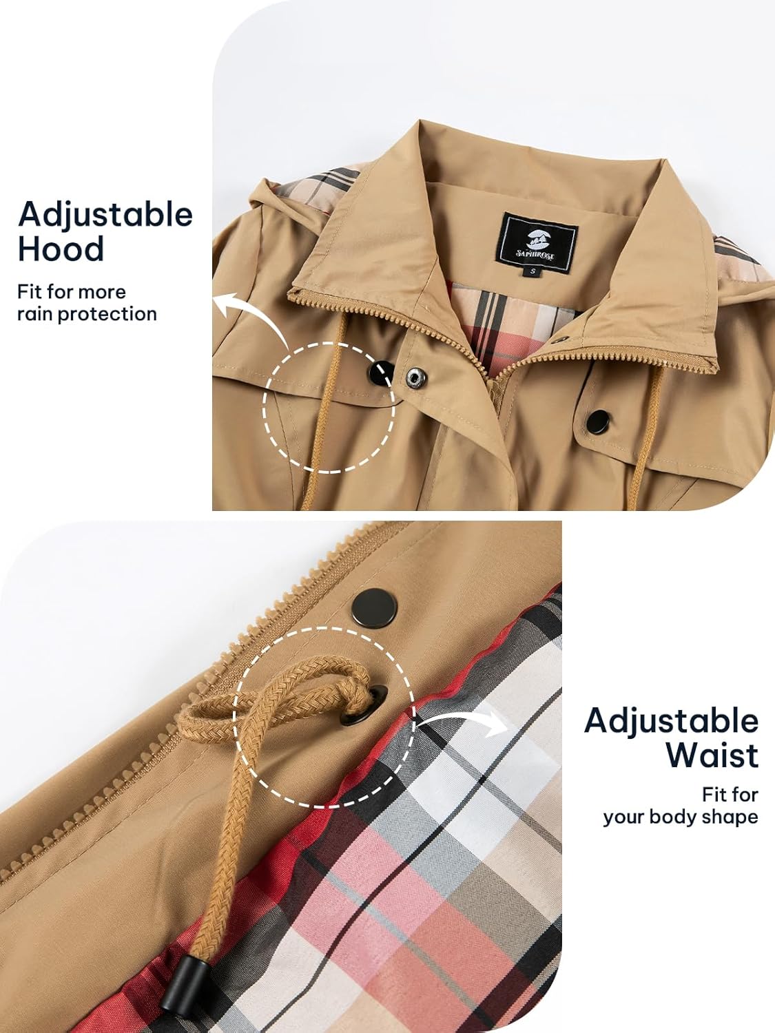 Detalle de SaphiRose Women’s Waterproof Rain Jacket Long Hooded Raincoat Trench Coat