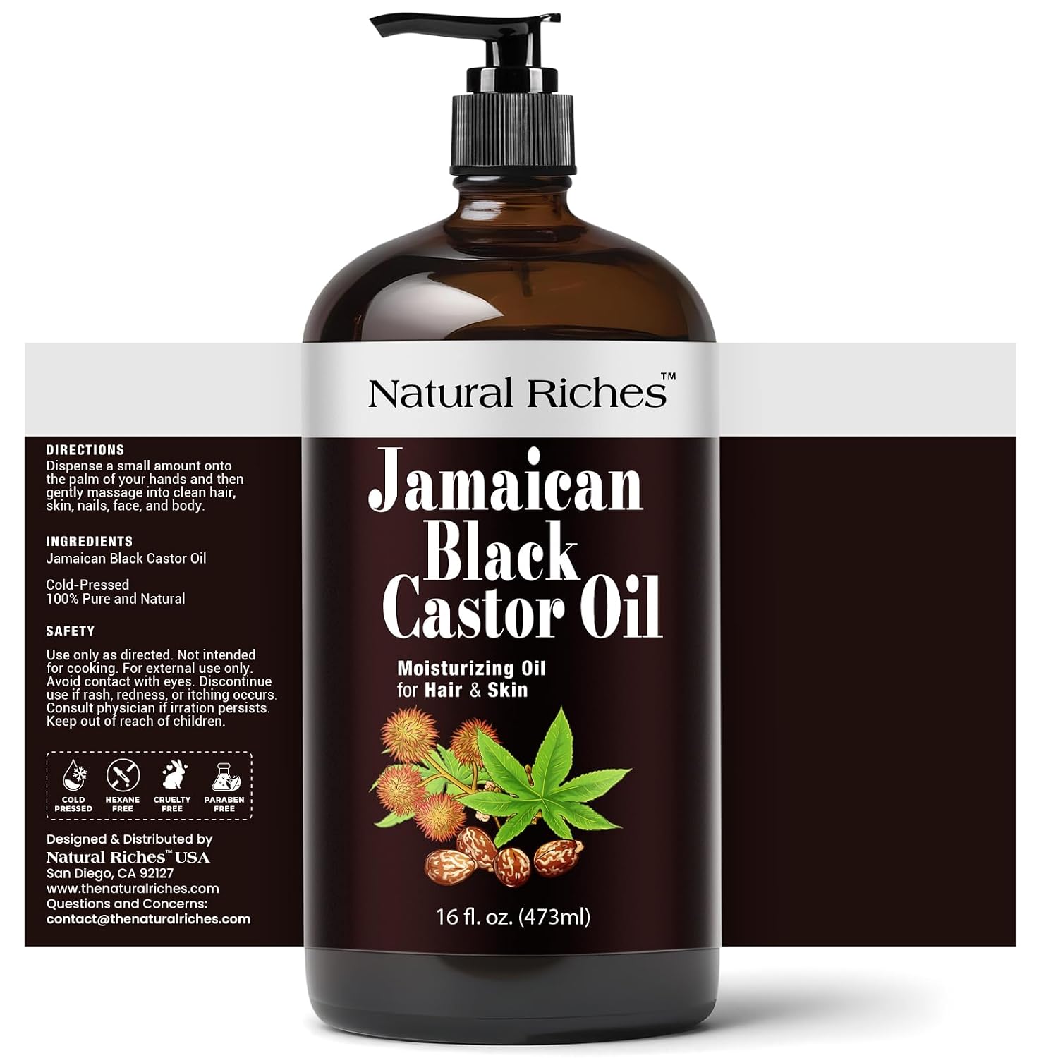 Detalle 2 de Natural Riches Jamaican Black Castor Oil (16 fl. oz) in Glass Bottle, Organic Cold-Pressed for Hair, Skin, Lashes, Brows & Scalp