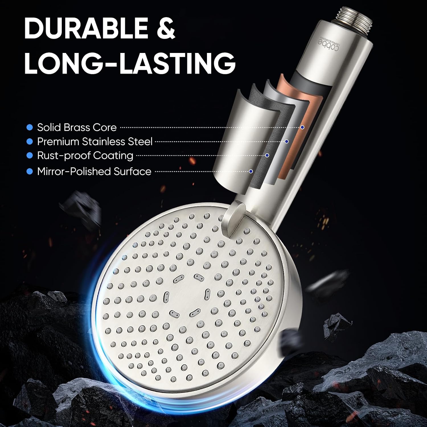 Detalle de Cobbe KSCP160-CA All-Metal Handheld Shower Head, 3 Settings, Brushed Nickel