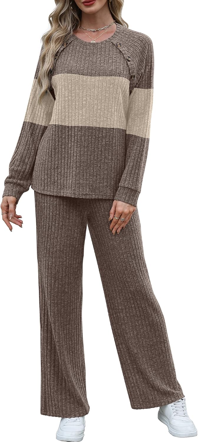 Detalle 2 de WIHOLL Women's Ribbed Knit Lounge Set with Button-Shoulder Sweater