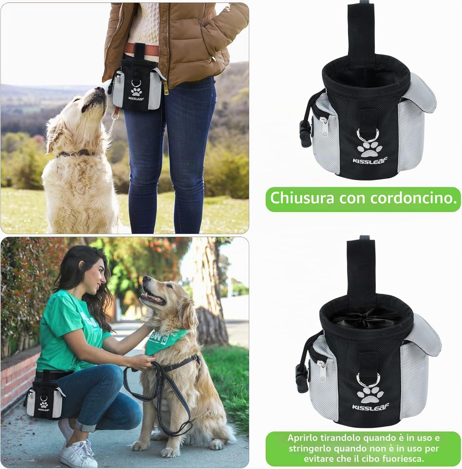 Detalle de Kissleaf Porta Premietti per Cani Multifunzionale: Borsa Portasnack con Doppia Tasca e Dispenser
