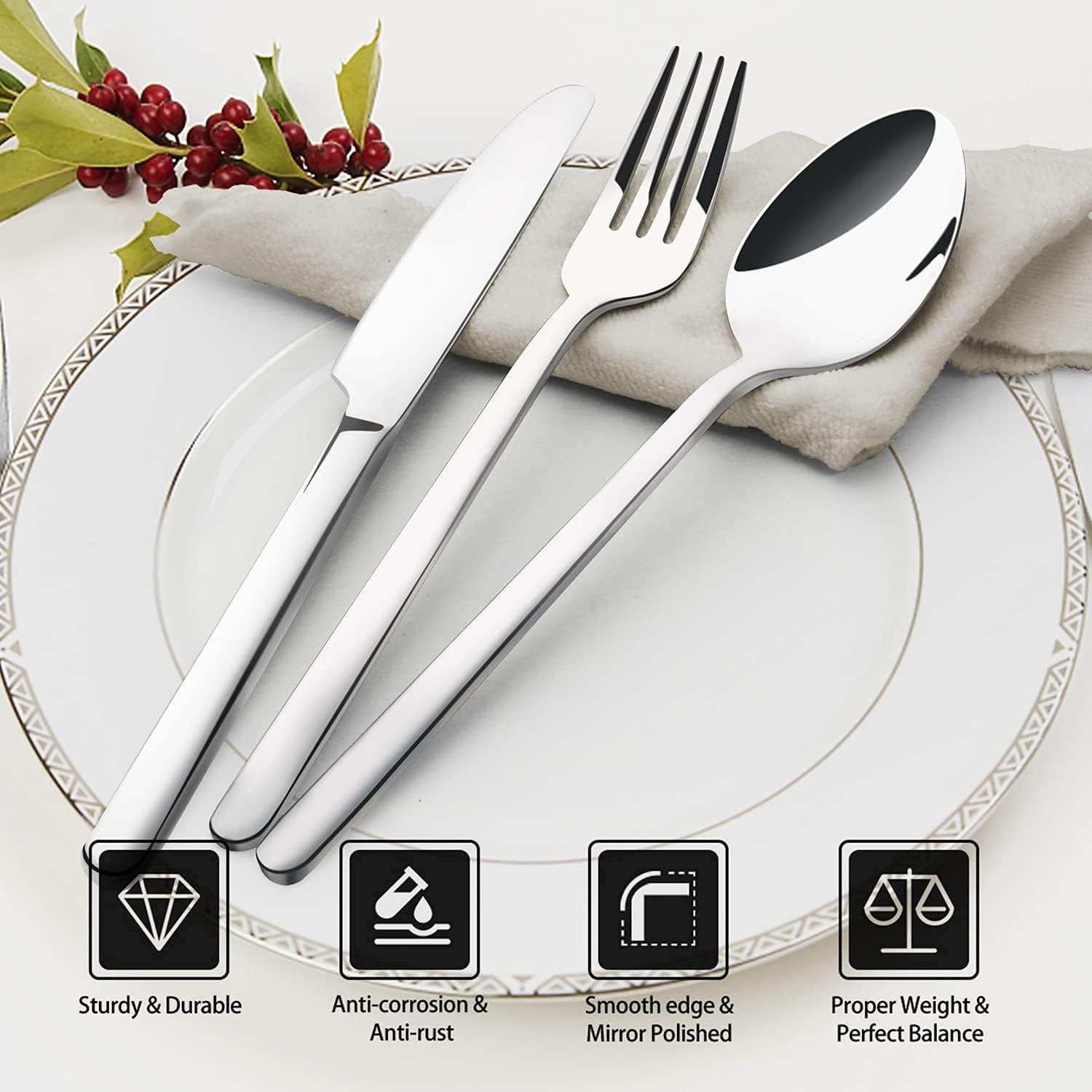 Detalle de KINGSTONE 20-Piece Flatware Set for 4, Mirror-Polished Stainless Steel