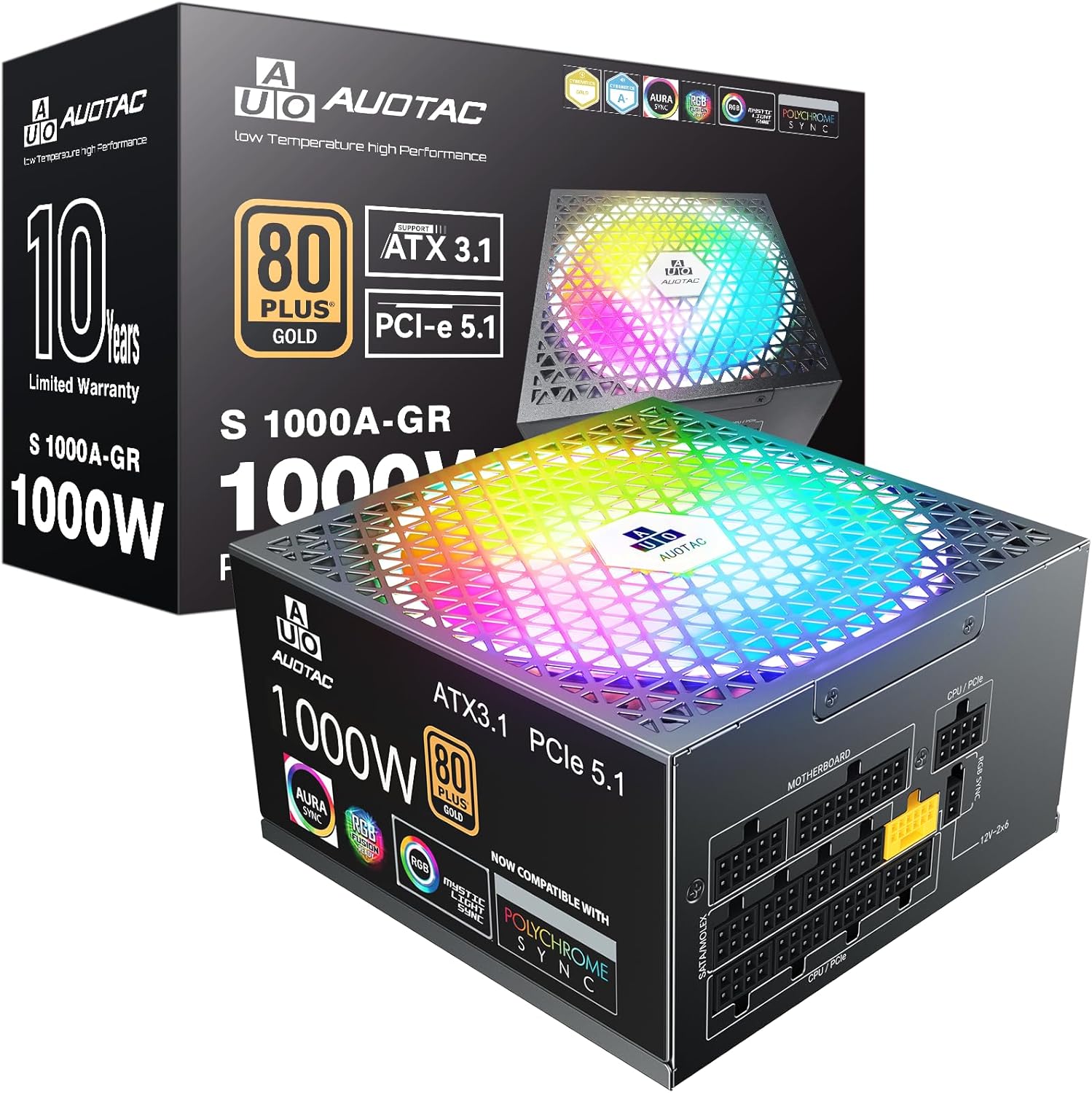 Detalle de Auotac 1000W Fully Modular Power Supply (80+ Gold, ATX 3.1 & PCIe 5.1 Ready) with RGB Silent Fan
