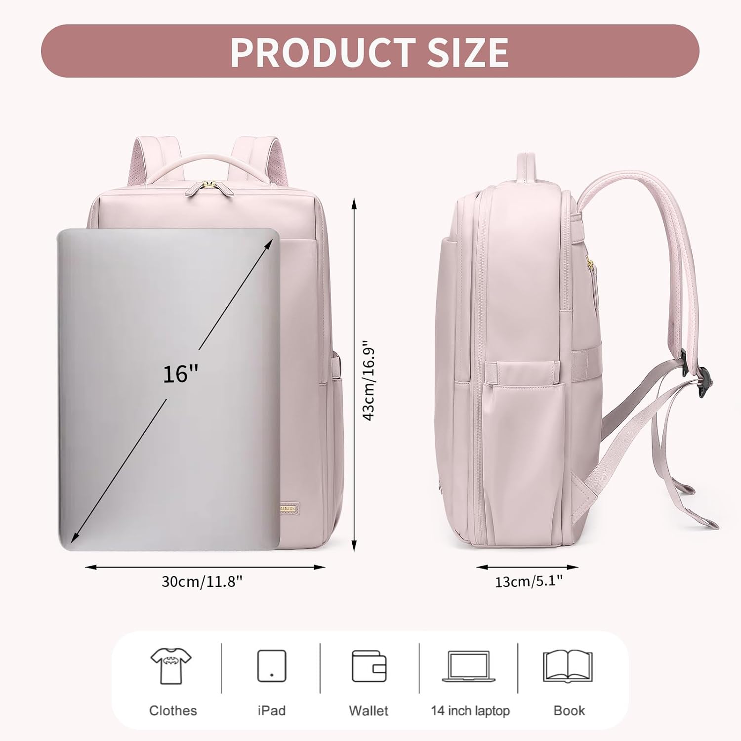 Thumbnail 3 de GOLF QUALITY Reiserucksack Damen – Travel Backpack mit 17,3 Zoll Laptop, Grau-Rosa, Handgepäck-kompatibel