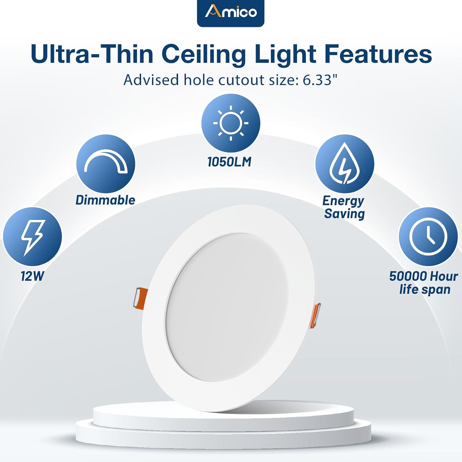 Detalle de Amico 48-Pack 6-Inch 5CCT Ultra-Thin LED Recessed Ceiling Lights (2700K–5000K) — Dimmable, ETL&FCC