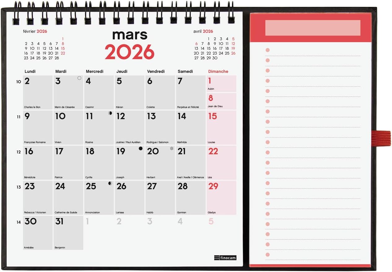 Detalle de Finocam Calendrier magnétique 2026 (Janvier–Décembre 2026) — 1 mois par page, en français