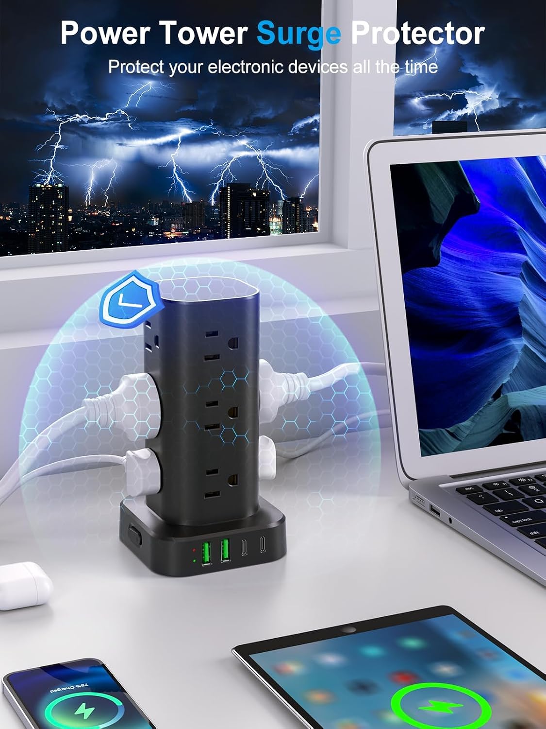 Thumbnail 4 de UWIWUTEI HD-Q16 Power Strip Tower, 12 Outlets, 4 USB Ports, 1800J