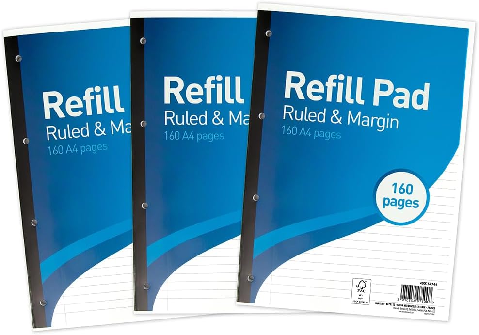 SUMMIT A4 Lined Paper Refill Pad (8 mm ruling with margin) – Pack of 3, 160 pages each