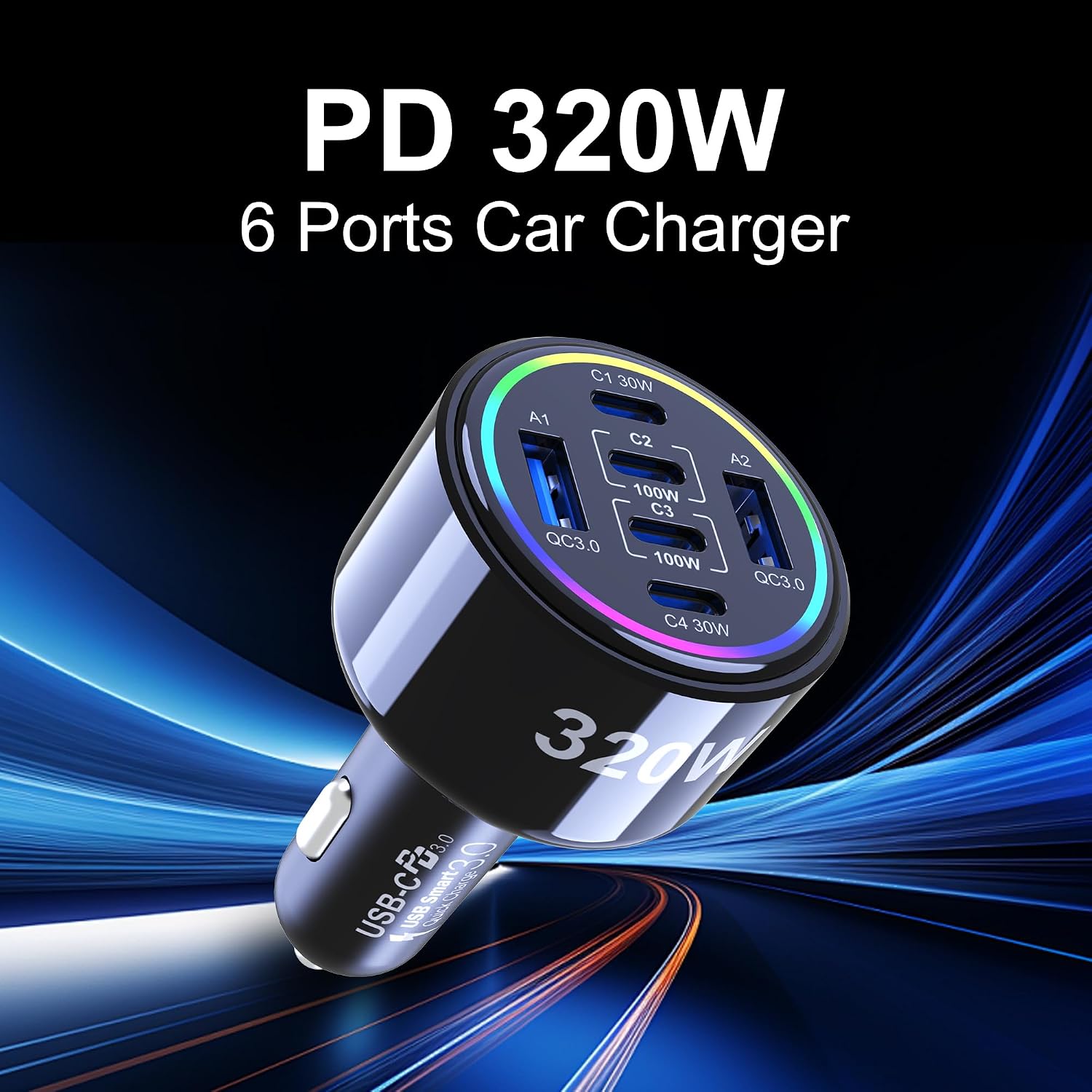 Detalle 2 de 320W USB-C Car Charger with 6 Ports: PD3.0/QC4.0 PPS Fast Charging for iPhone, MacBook, and More