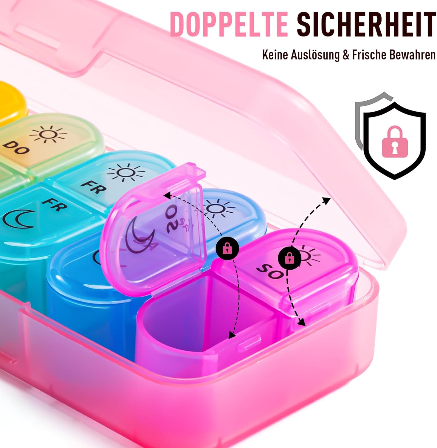 Detalle de Doruimi Tablettenbox 7 Tage Morgens Abends – BPA-frei, kompakt und belastbar in Rosa