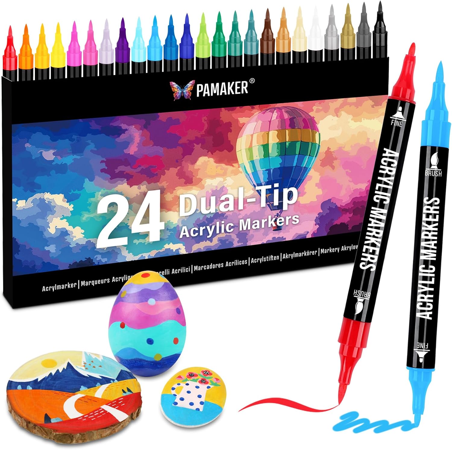 Pamaker 24 Farben Acrylstifte Set – Acrylmarker mit feiner Spitze & Pinsel für Stoff, Leinwand, Glas, Holz und Papier