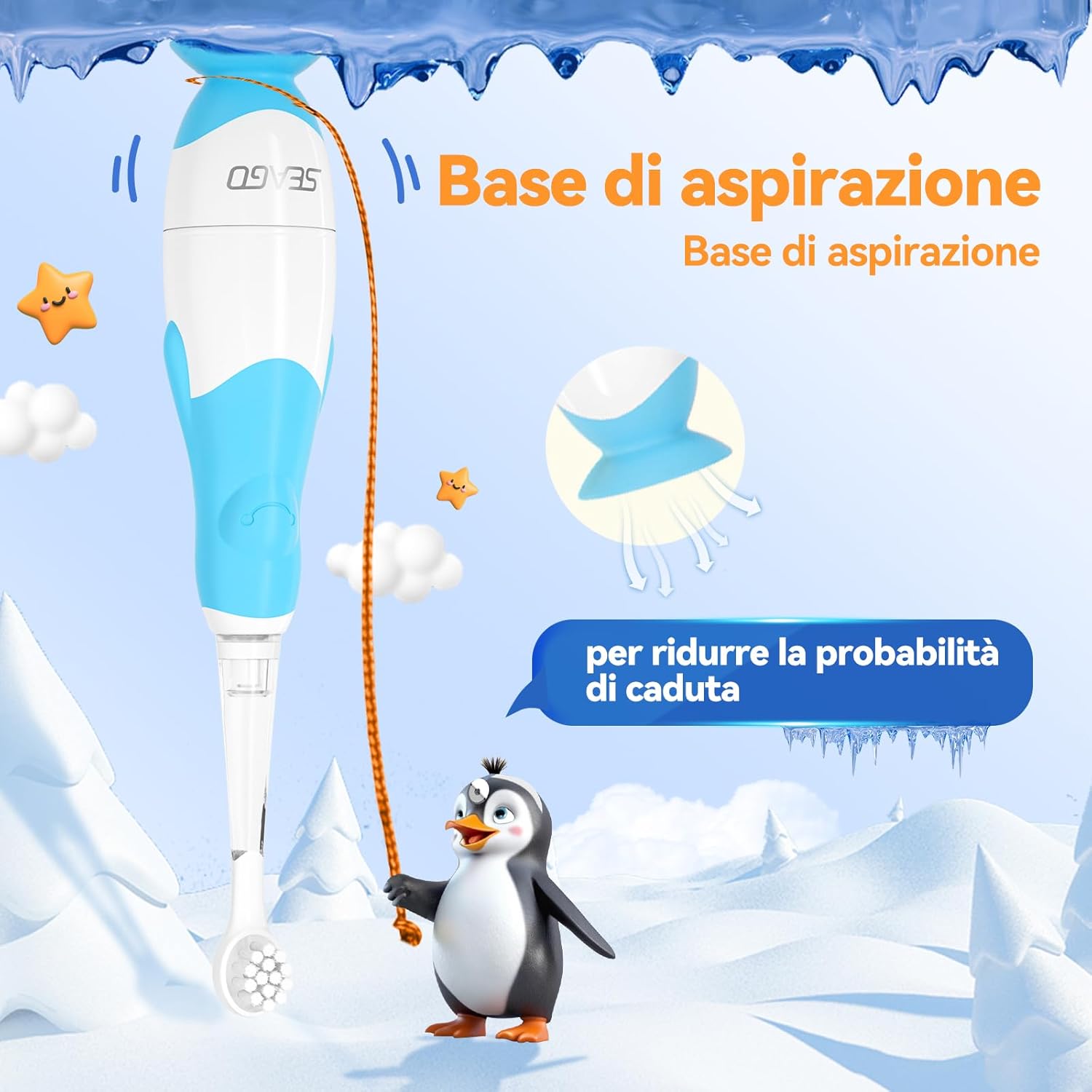 Thumbnail 3 de Spazzolino elettrico bambini 0-3 anni Penguin SG-513 blu con base a ventosa e 4 testine