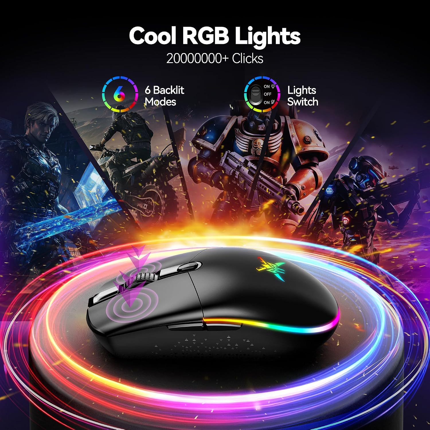 Detalle 1 de TECKNET TK-GM001 Wireless Gaming Mouse, 8,000 DPI, USB-C, RGB, 6 Buttons