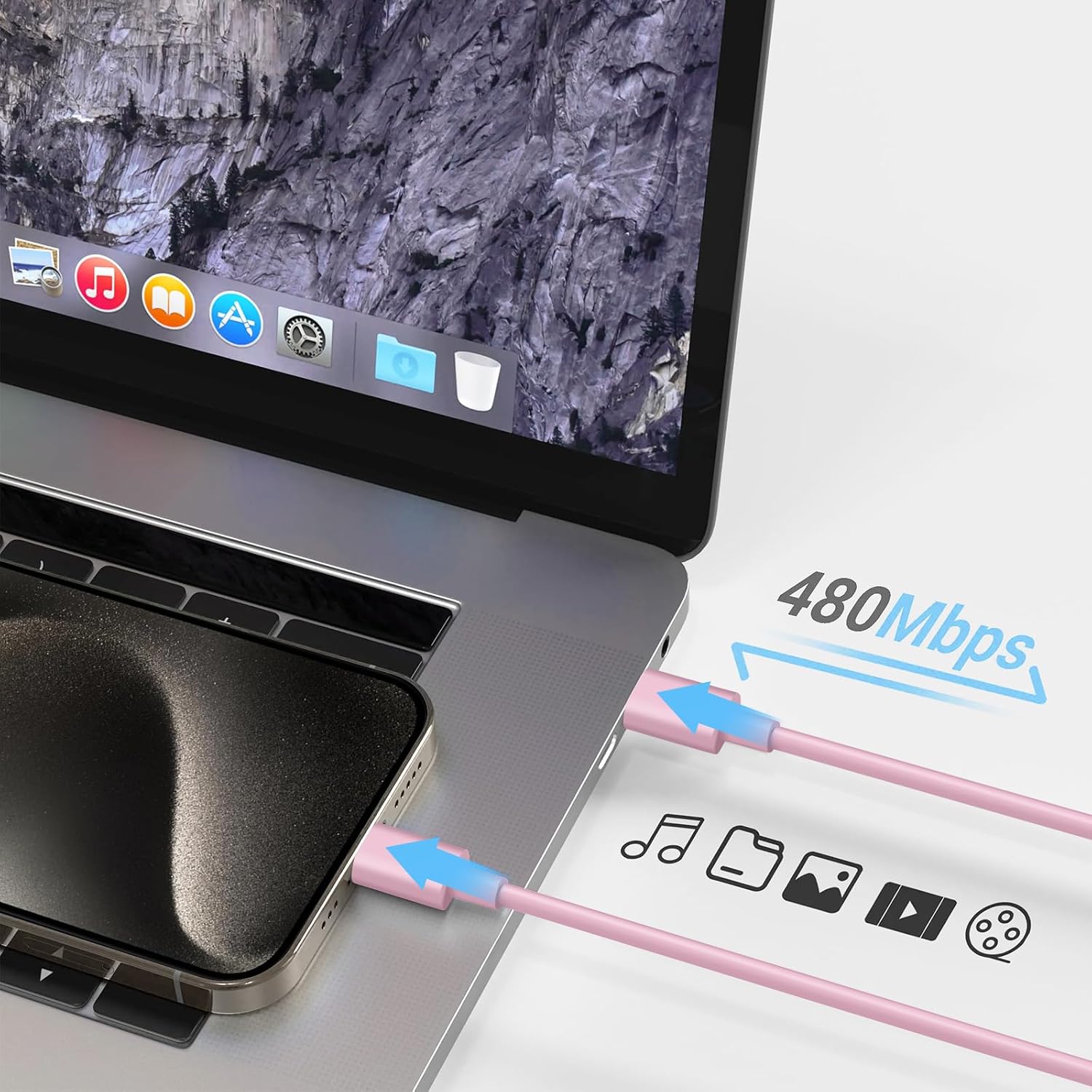 Detalle de 5FT Carplay USB-C Cable for iPhone 17/16/15 – Apple MFi Certified, Pink