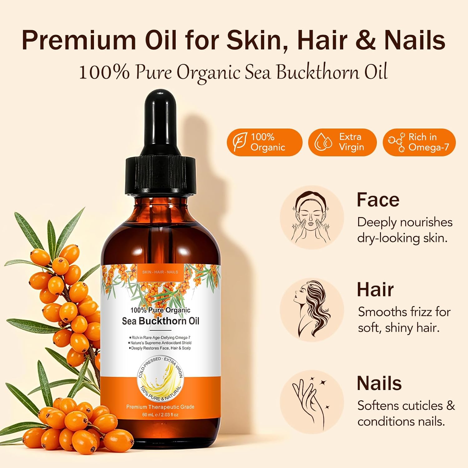 Detalle 2 de timlasa Sea Buckthorn Oil, 100% Pure Cold-Pressed Unrefined, 60 mL