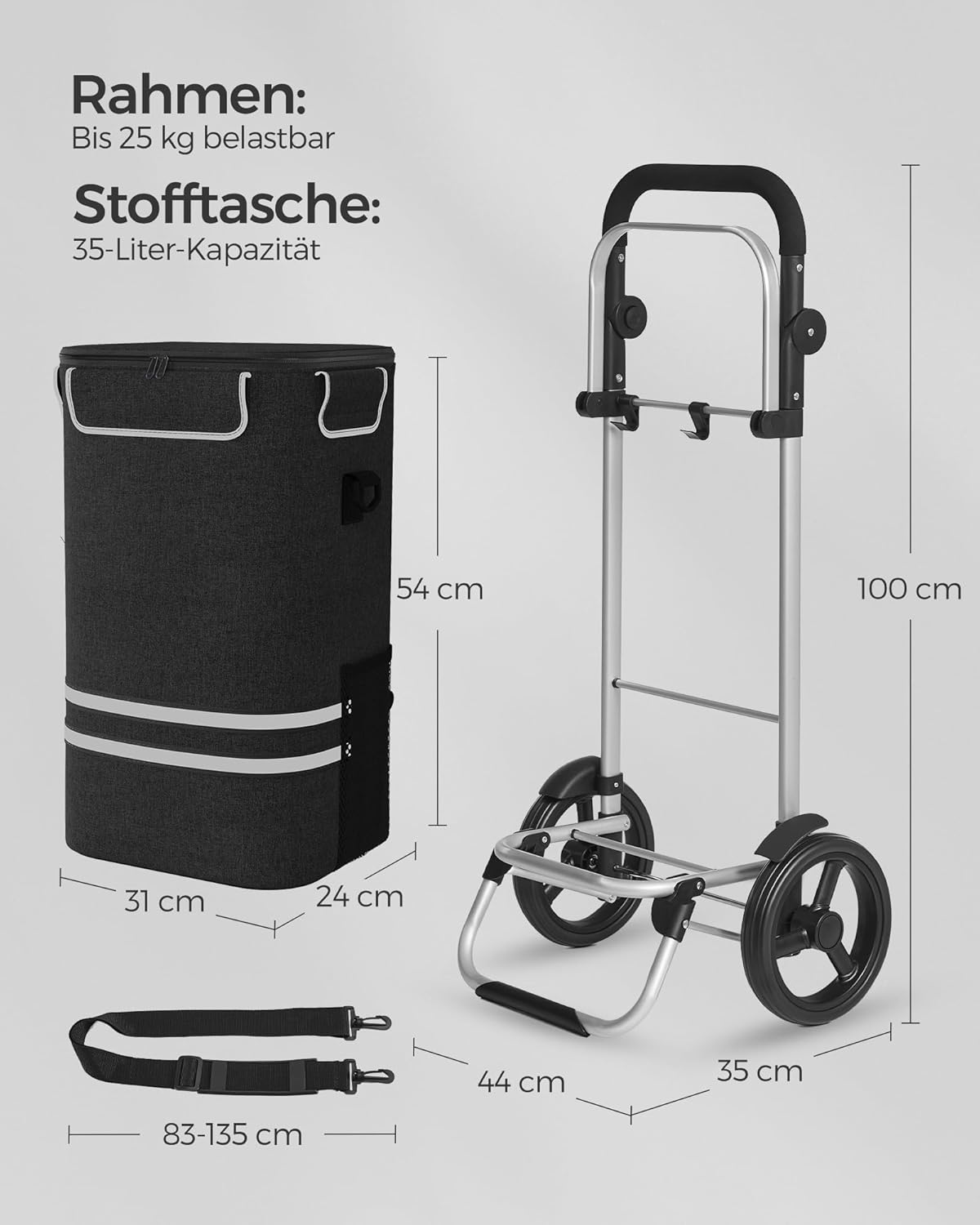 Detalle de SONGMICS Einkaufstrolley KST03BK – Großer 35-Liter Trolley mit Kühlfach, abnehmbarer Tasche, klappbar