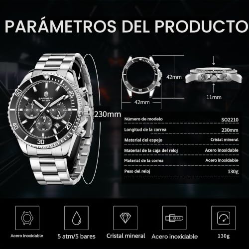 Detalle de SAPPHERO Reloj Cronógrafo para Hombre – 42 mm, Acero Inoxidable, 50M, Cuarzo