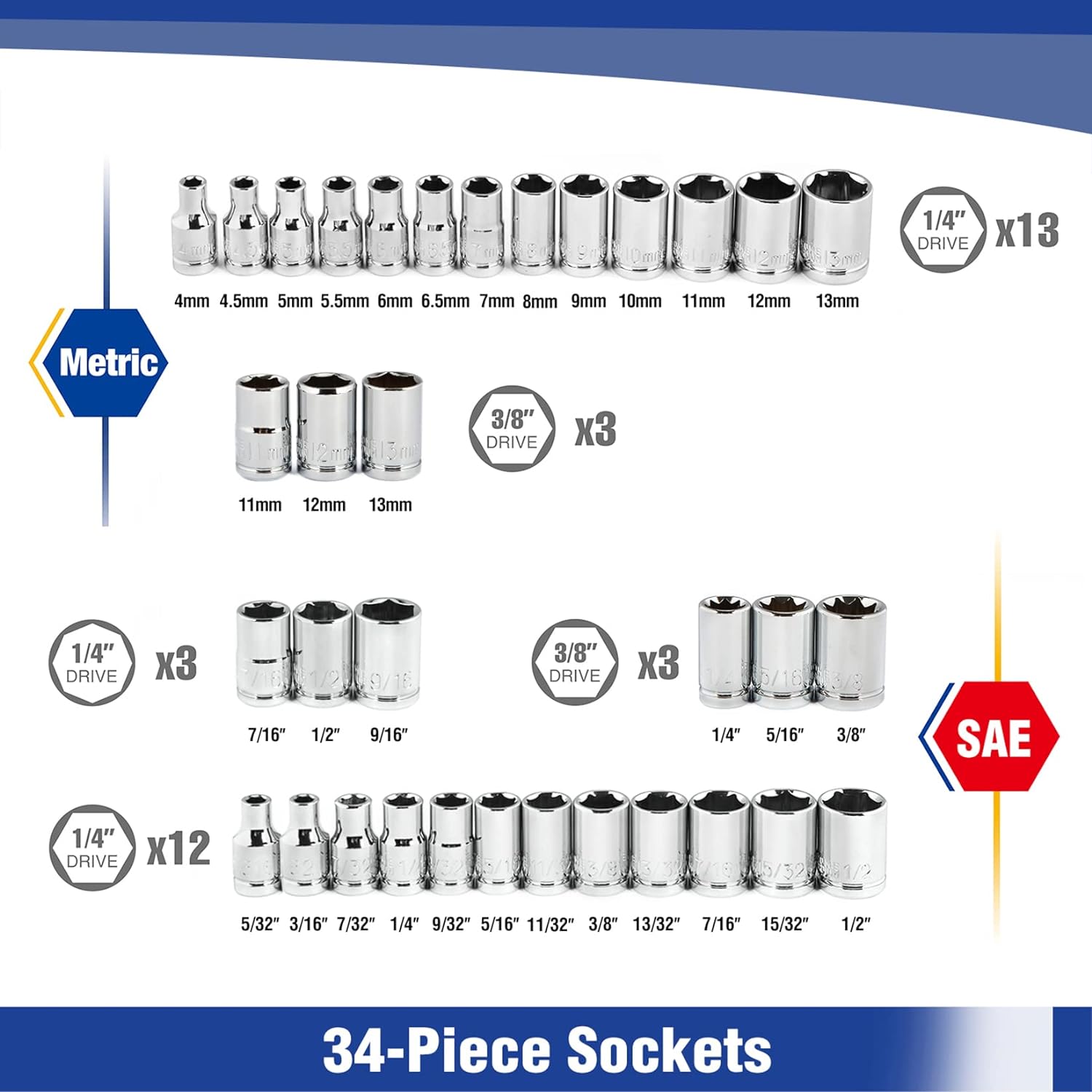 Thumbnail 2 de WORKPRO 39-Piece Drive Socket Set (1/4" & 3/8") with CR-V Sockets, Quick-Release Ratchet, Extension & Box