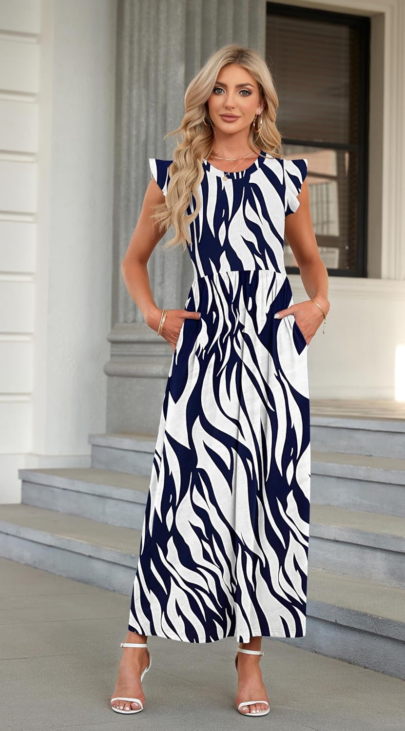 Detalle 2 de AUSELILY Damen Sommer-Maxikleid mit Rundhalsausschnitt, Rüschenärmeln und Taschen