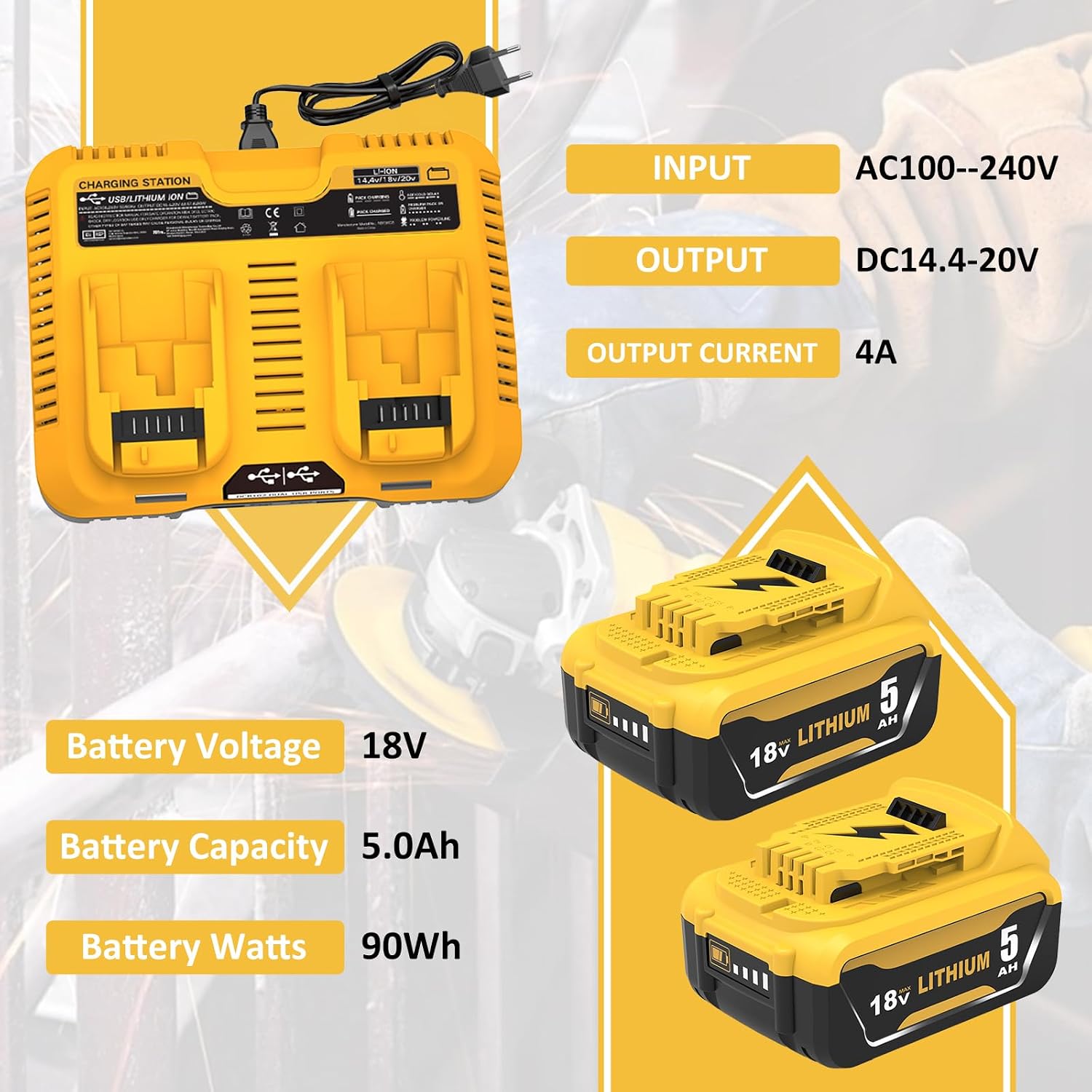 Thumbnail 2 de Kit batterie Dewalt 18V 2x 5000mAh + caricabatterie DCB102 con due porte USB