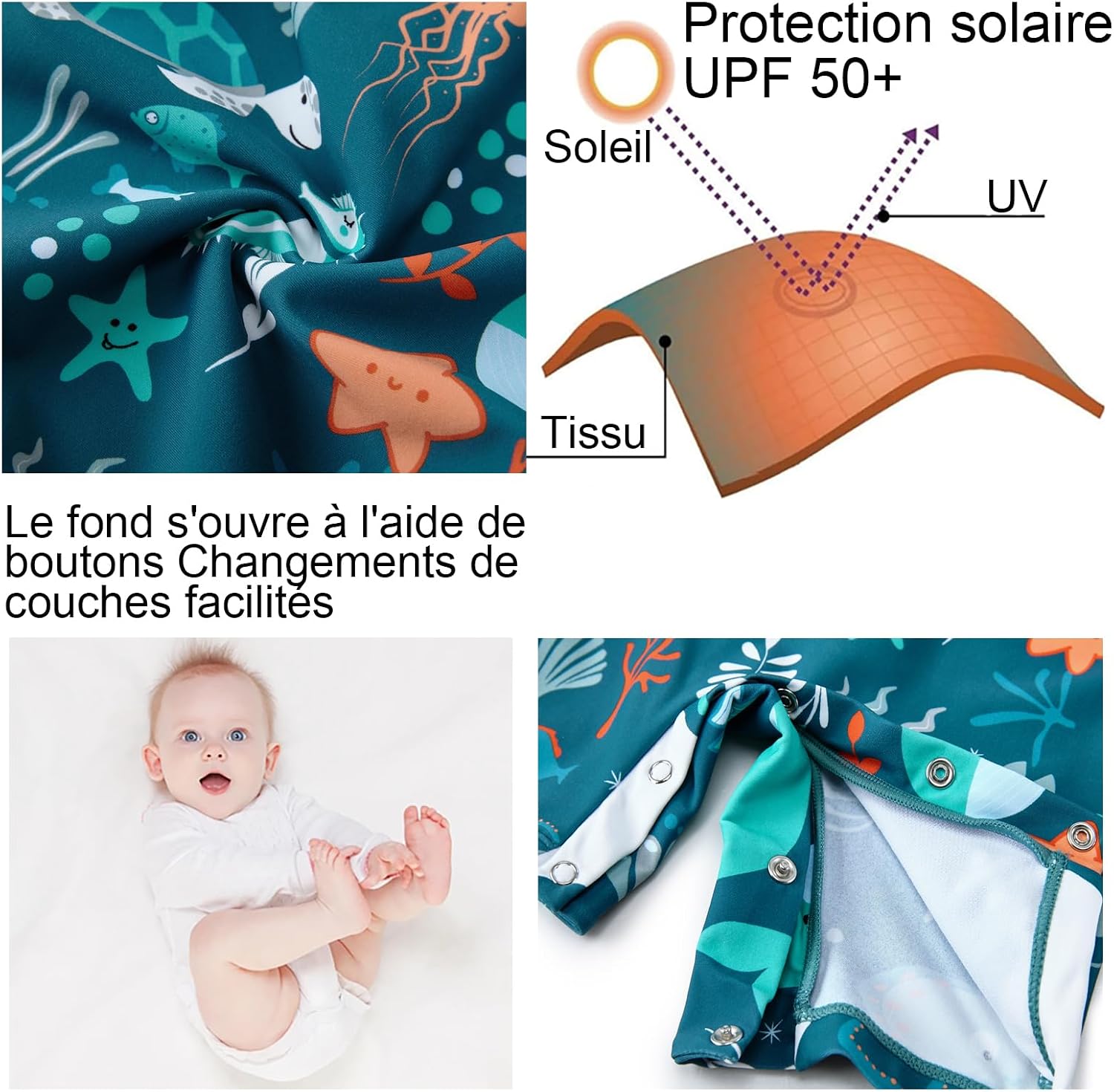 Thumbnail 5 de upandfast Maillot de Bain bébé garçon/fille à boutons et fermeture éclair, UPF 50+