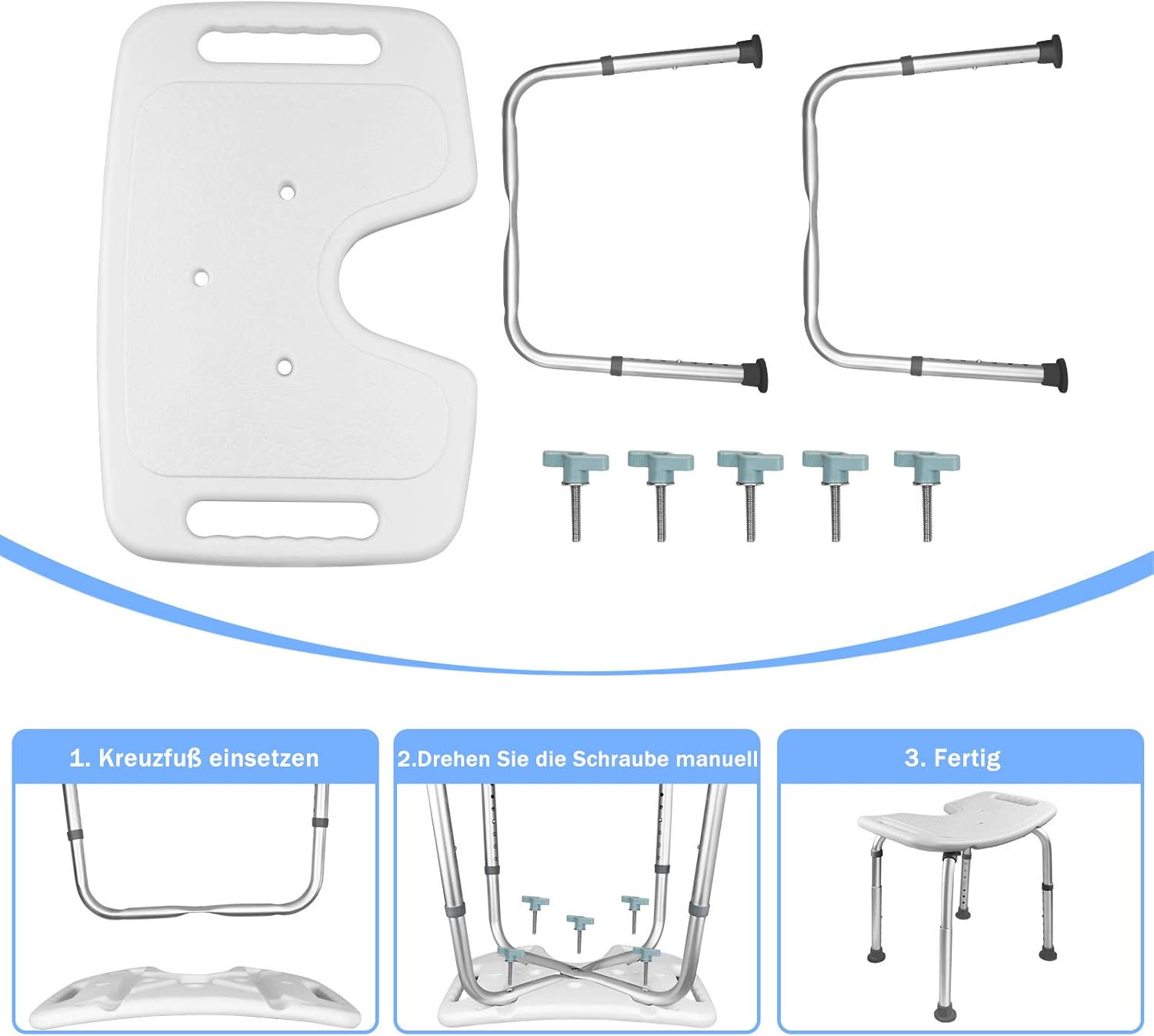 Thumbnail 6 de Suusolny Tabouret de Salle de Bain en Forme de U – Chaise de douche en plastique HDPE, hauteur réglable 35–51 cm, repose-pieds antidérapants
