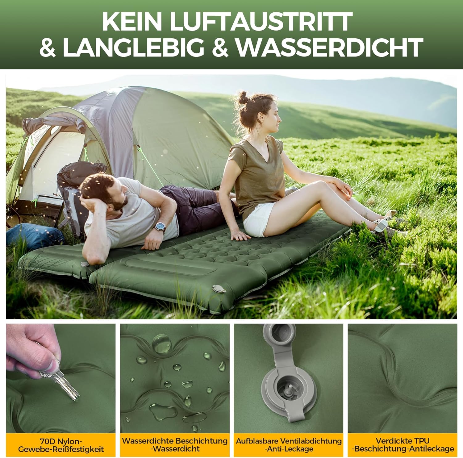 Detalle de NAPASA Isomatte Camping 14 cm – Verdickte, wasserfeste Luftmatratze mit integrierter Fußpumpe und Kissen (Grün)