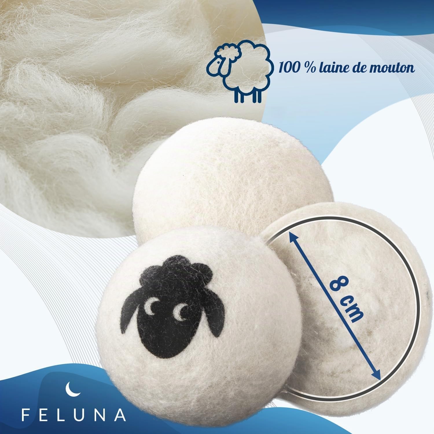 Detalle de Feluna Eco-droogballen set van 6 – 100% schapenwol, handgemaakt