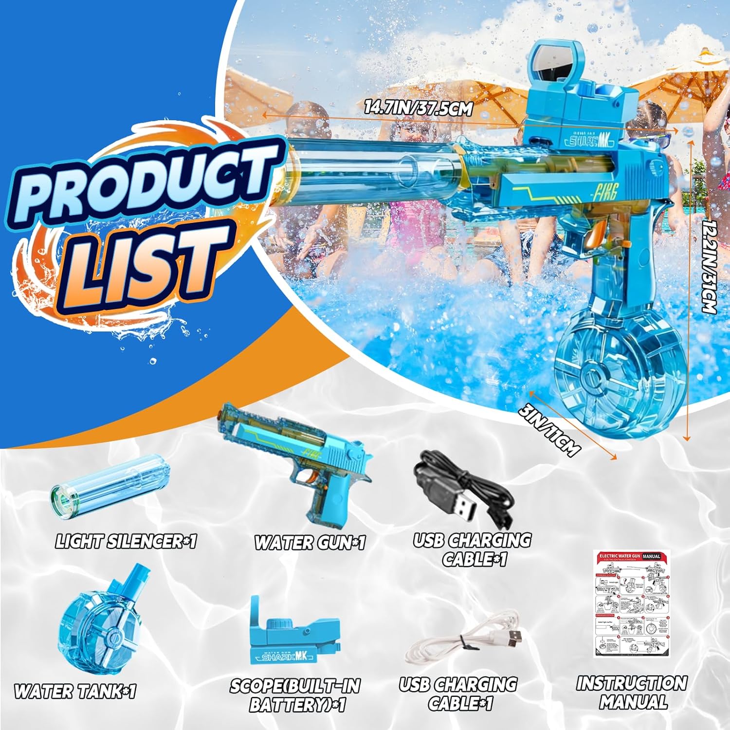 Thumbnail 3 de UROINT Pistola Ad Acqua Elettrica Per Bambini – Desert Eagle Blu, gittata fino a 10 m, LED