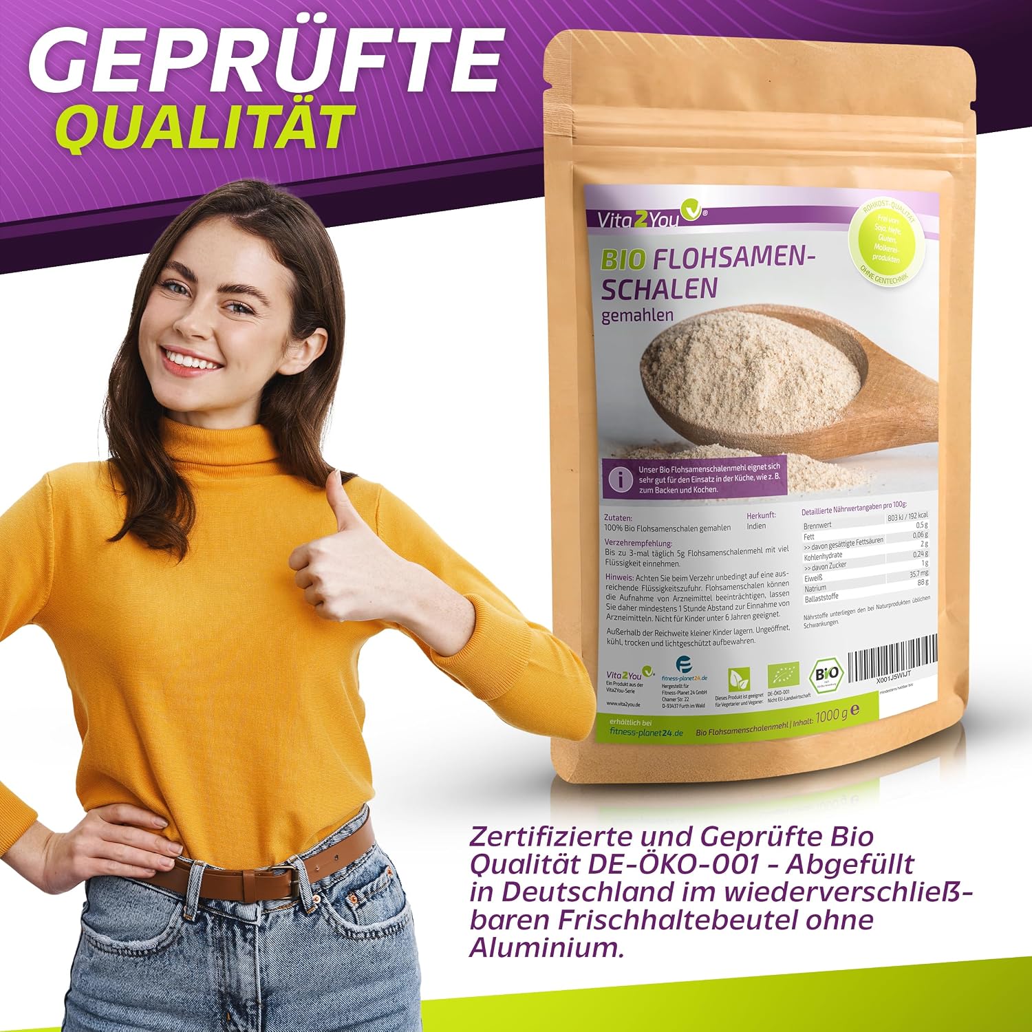 Detalle de Vita2You Bio Flohsamenschalen gemahlen (99% Reinheit) – 1 kg, ideal zum Backen