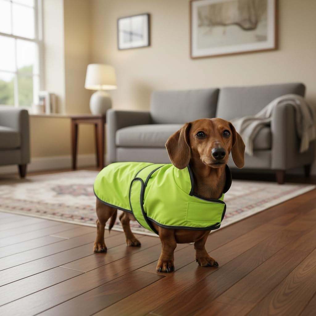 Detalle 2 de Morezi Dachshund raincoat (light green) with reflective stripe, waterproof fit for long-back breeds