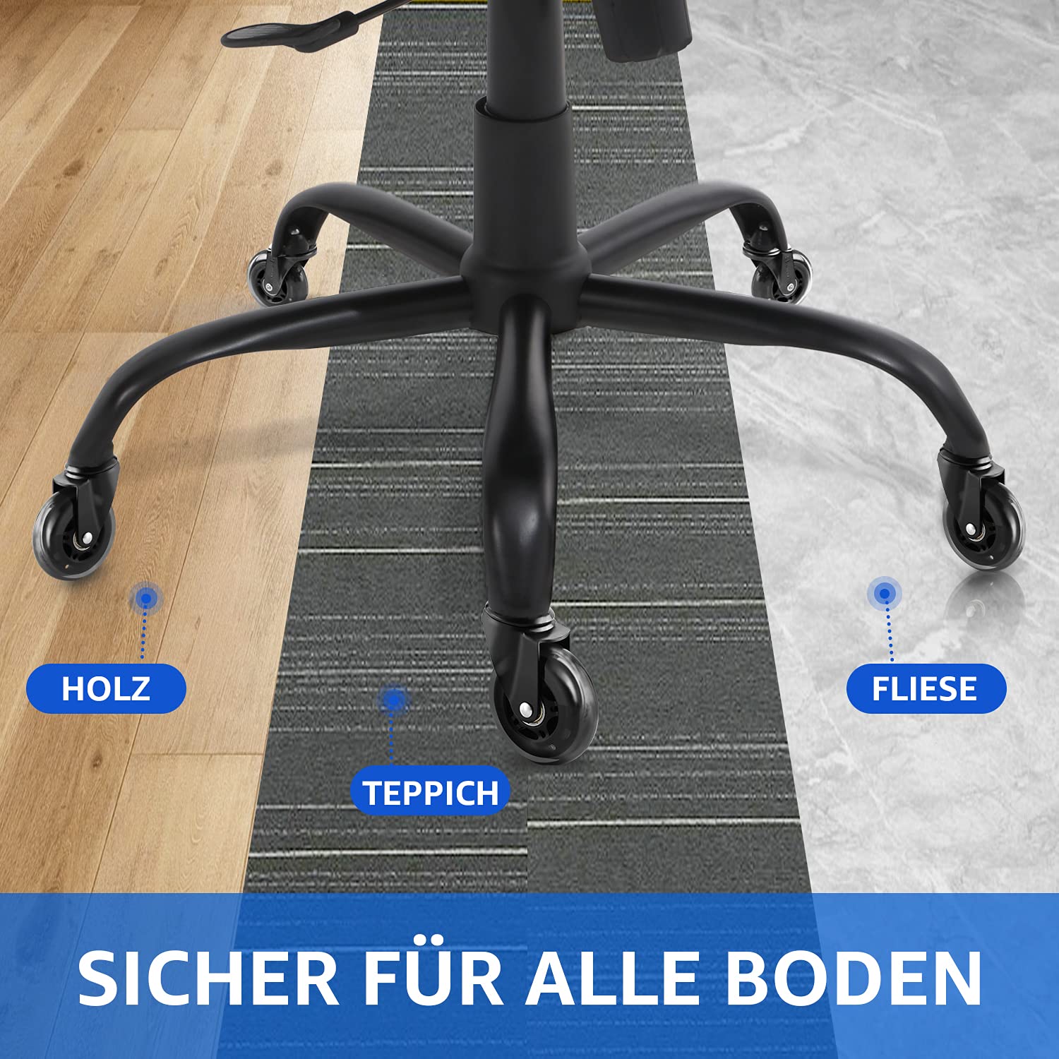 Detalle de Mastery Mart Bürostuhl Rollen 5er-Set für Hartboden (11 mm x 22 mm, 75 mm) – Polyurethan, geräuscharm