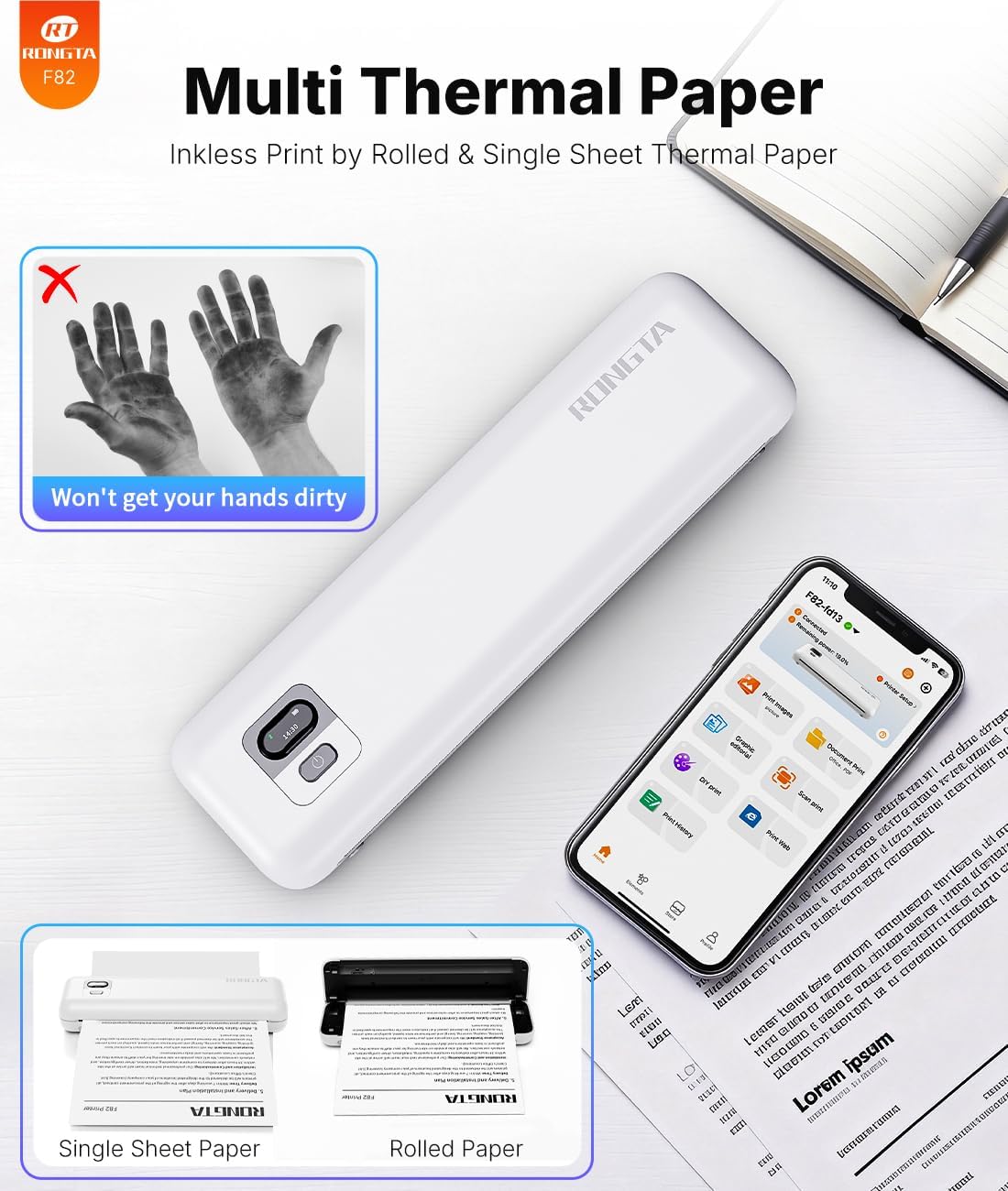 Thumbnail 4 de Rongta F82 Portable Wireless Thermal Printer (Inkless) for Travel, A4, Bluetooth & USB — White