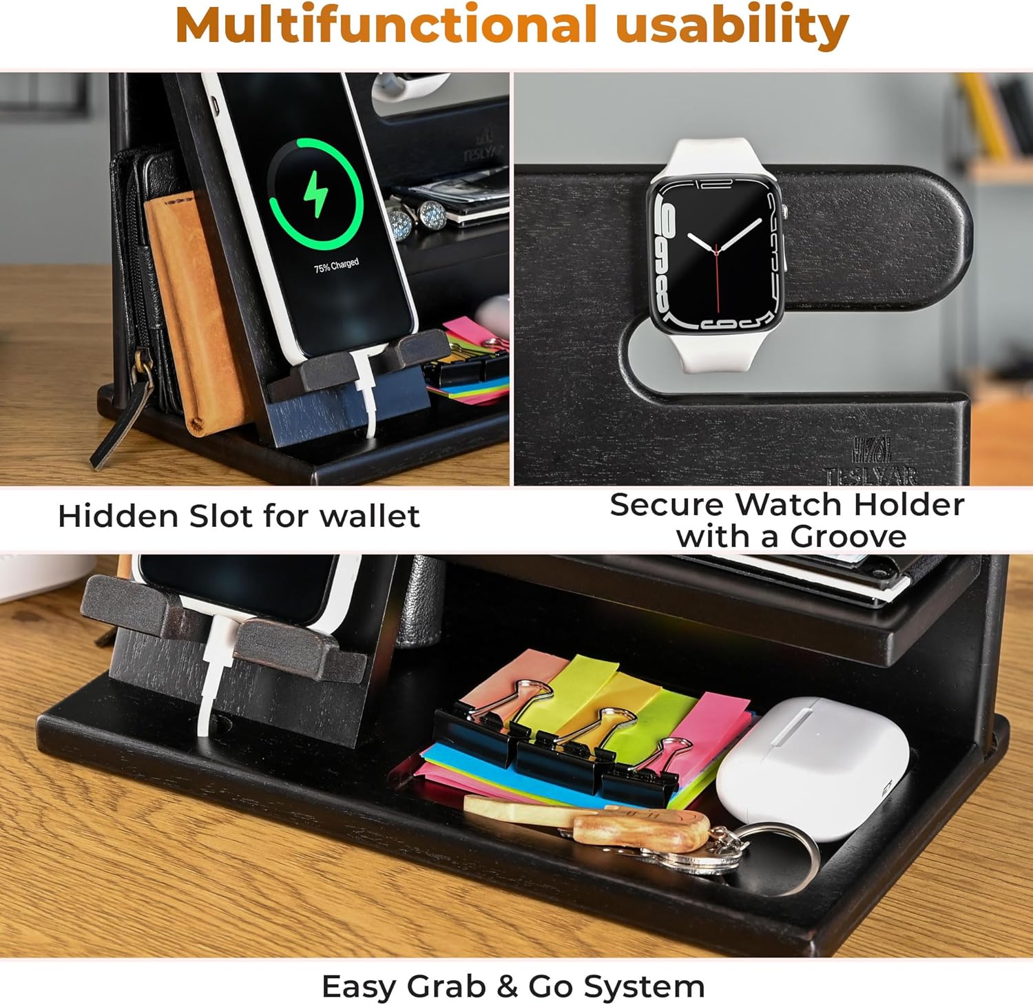 Thumbnail 6 de TESLYAR Wood Phone Docking Station – Nightstand & Desk Organizer (Black)