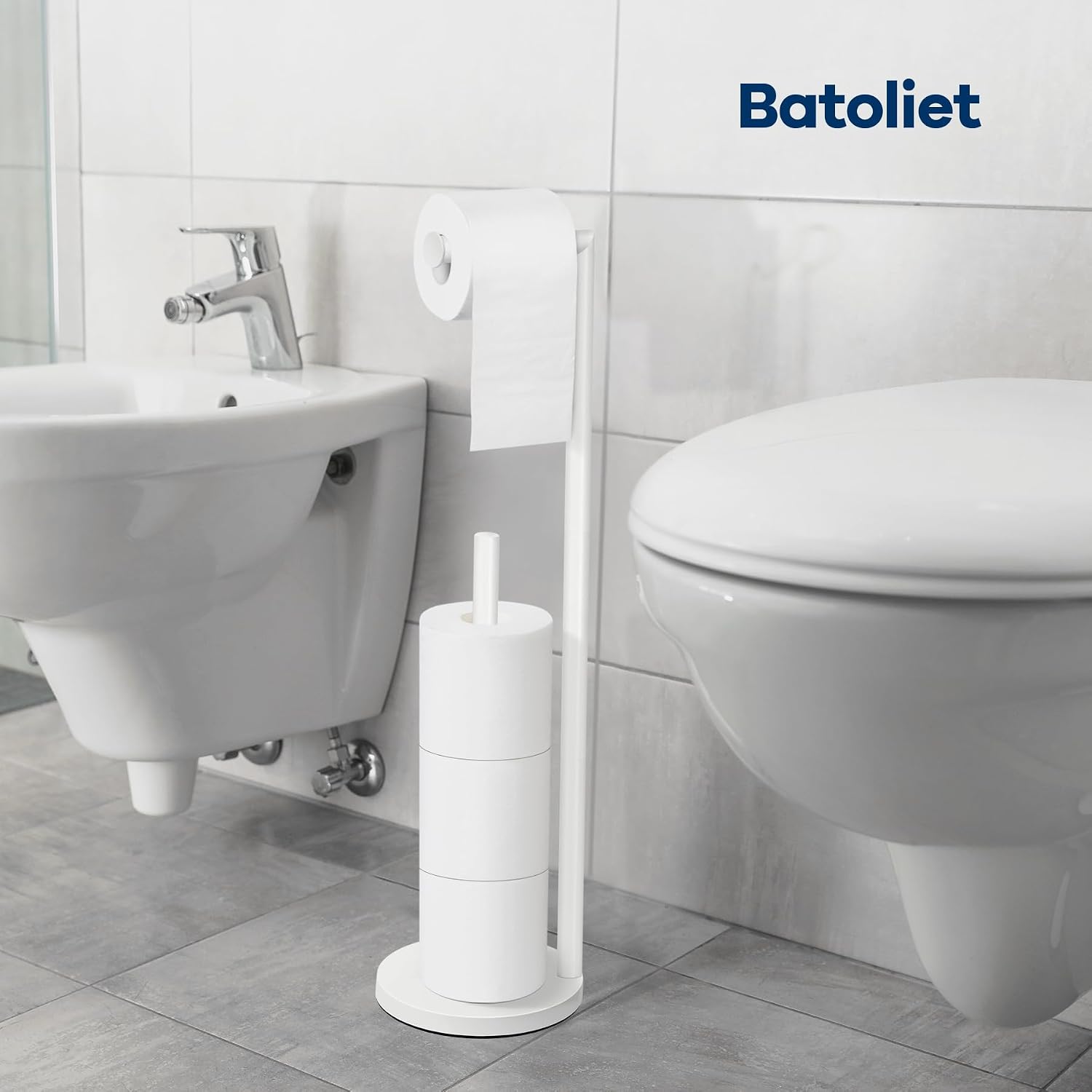 Detalle 1 de Batoliet 025 Freestanding Toilet Paper Holder, White Metal, 4-Roll Storage