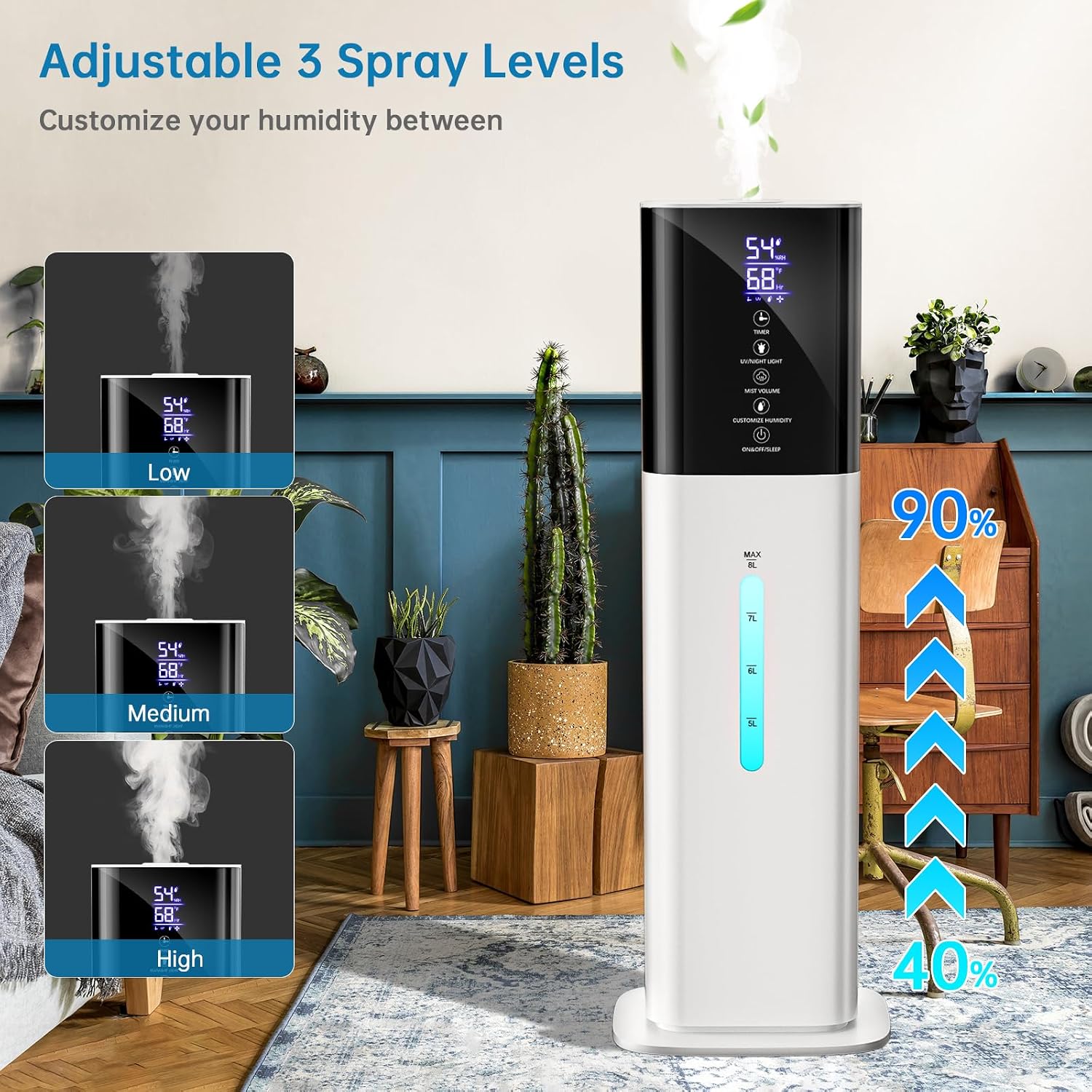 Detalle de Honovos H785 8 L Ultrasonic Humidifier with Top-Fill Tank and 360° Nozzle
