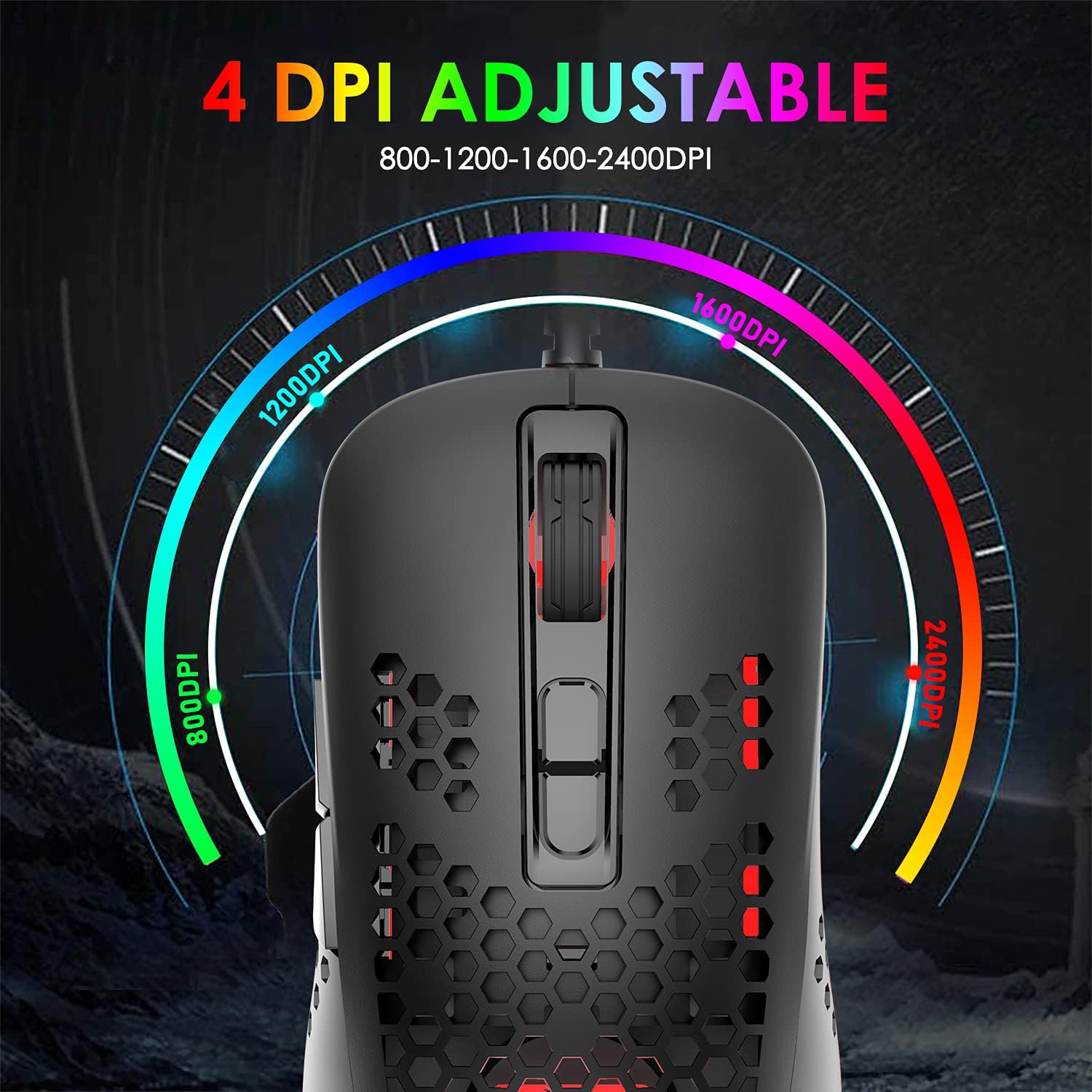 Detalle de KUIYN 383 Ultralight Wired Gaming Mouse – Lightweight Honeycomb Shell, 4 DPI Levels, 7 Buttons