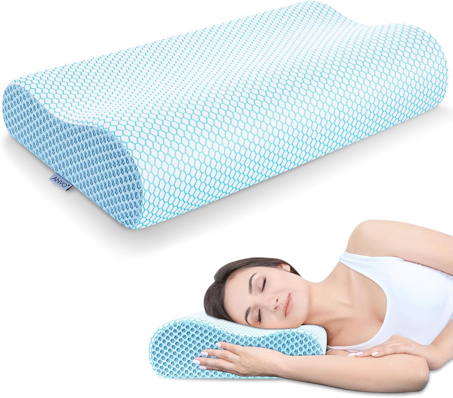 Detalle de Anvo Memory Foam Contour Pillow, Dual-Height Neck Support, Blue and White